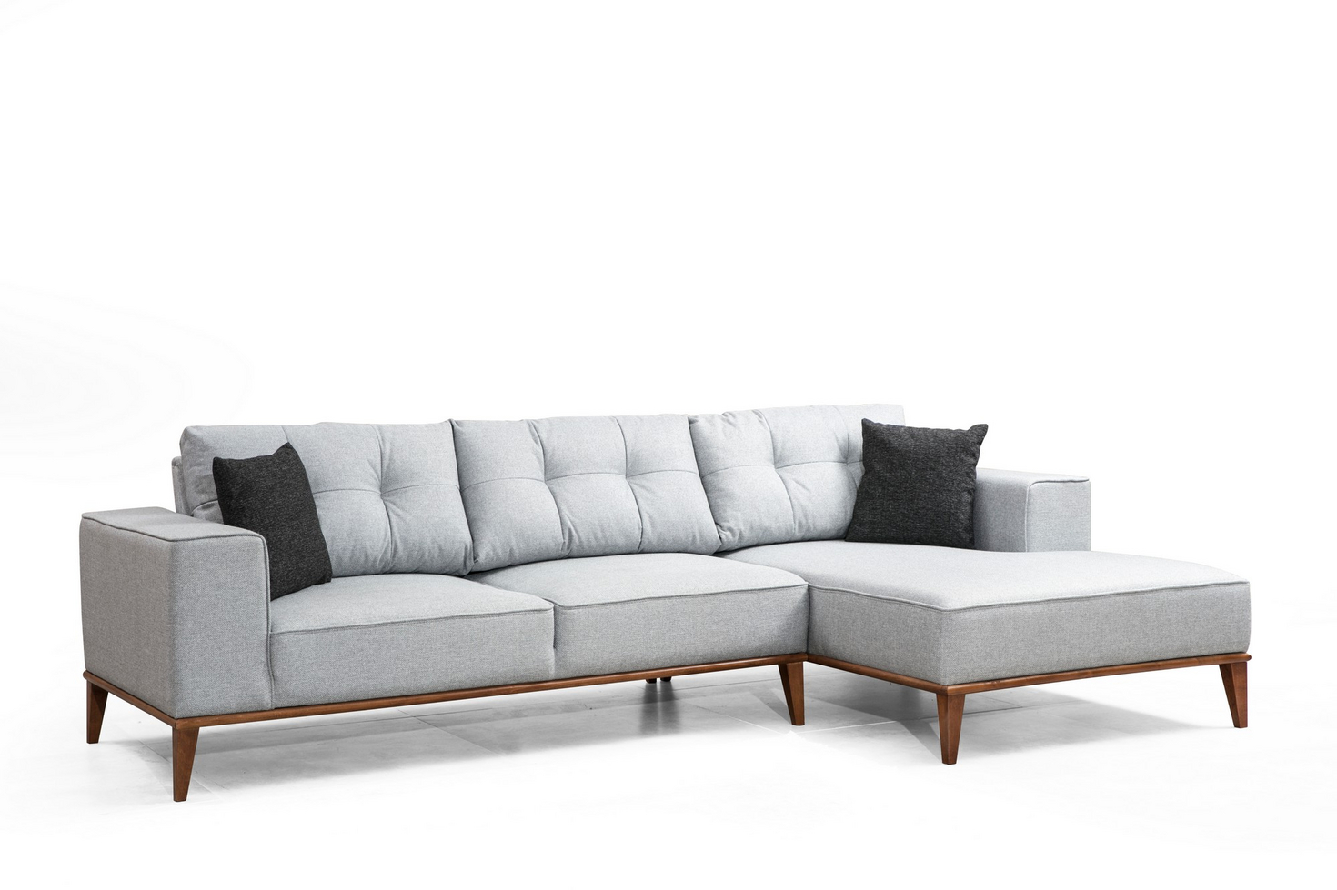 Norda Design Stilfuld hjørnesovesofa, lysegrå, 288 x 160 cm | bøgetræ og spånplade ramme, 100% polyester, valnød ben | komfortabel og alsidig