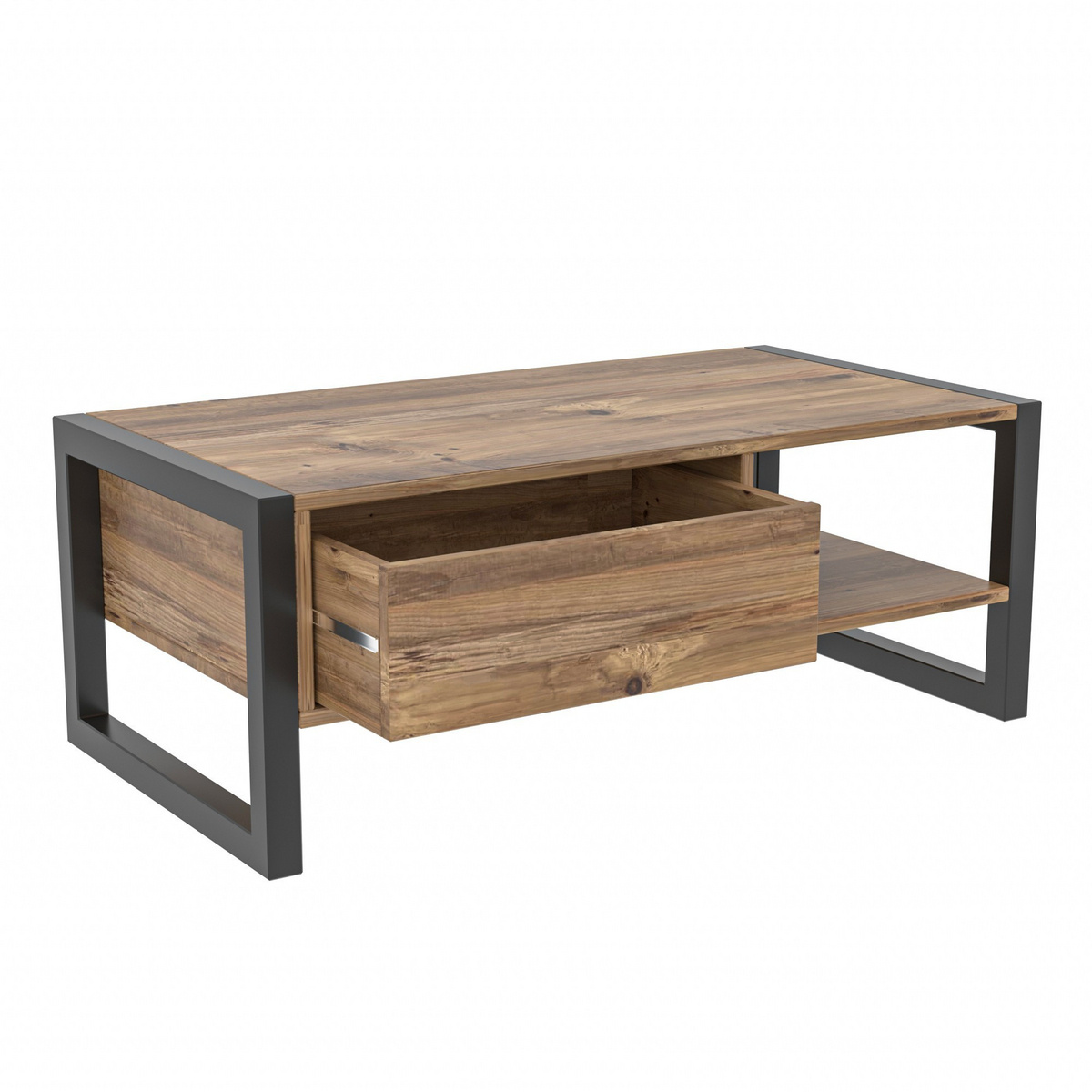 Norda Design Moderne sofabord med skuffe, Atlantic Pine og sort, 105 cm | 100% melamin og metalramme | stilfuldt og funktionelt