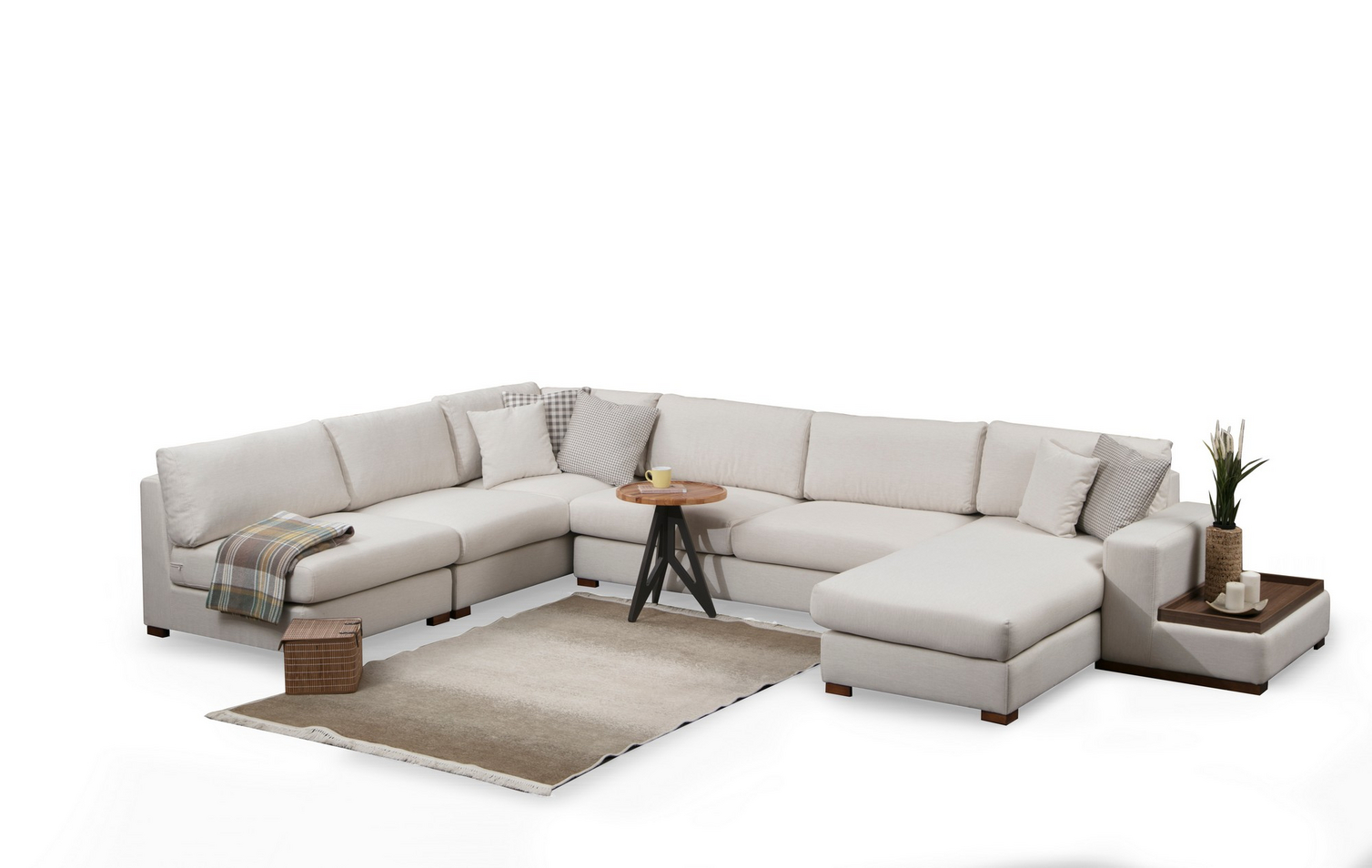 Norda Design Elegant hjørnesofa med valnød ben, 272x428 cm, 100% polyester, 5 hynder, skandinavisk design