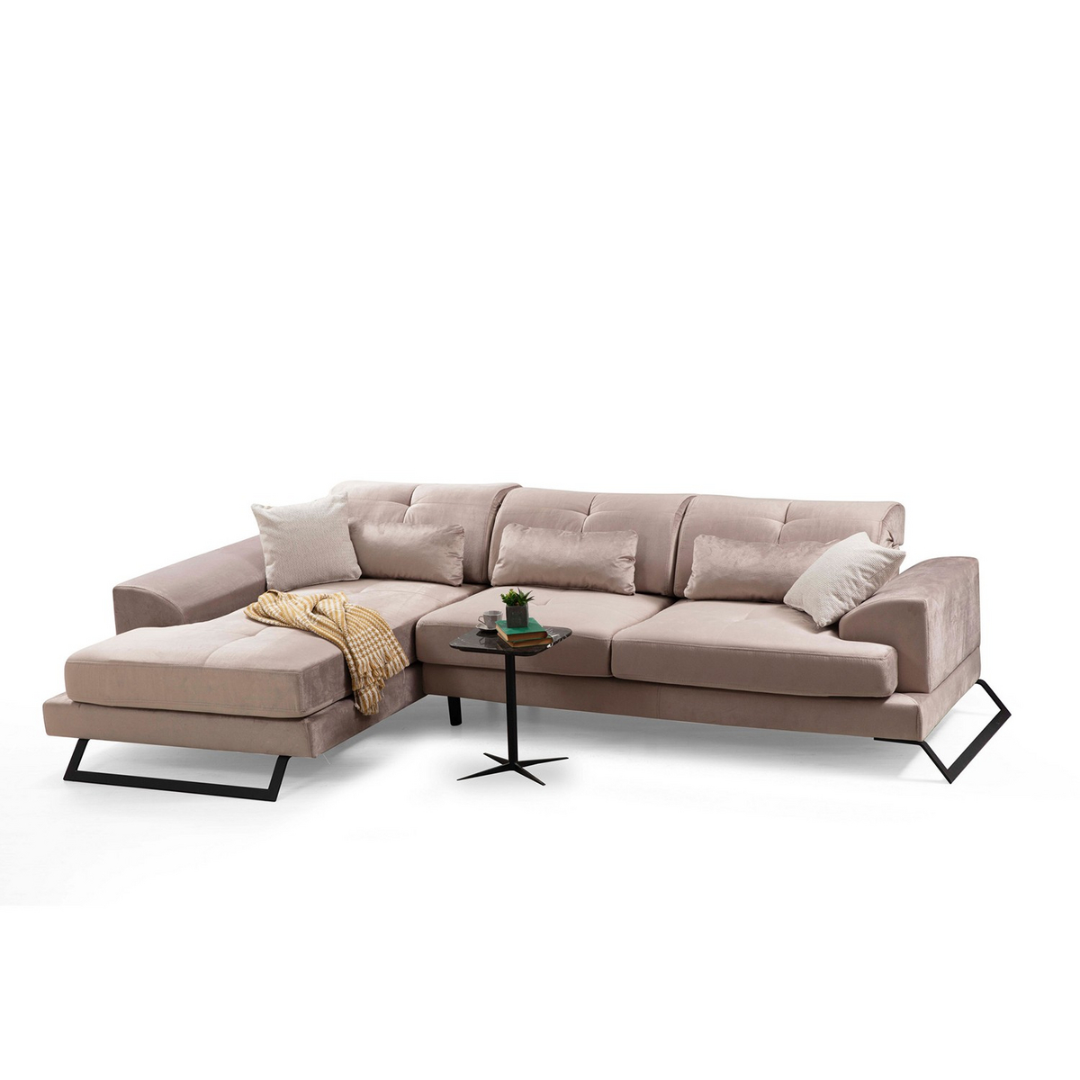 Norda Design Beige hjørnesofa med justerbart ryglæn, ramme i bøgetræ, 5 puder, moderne industrielt design