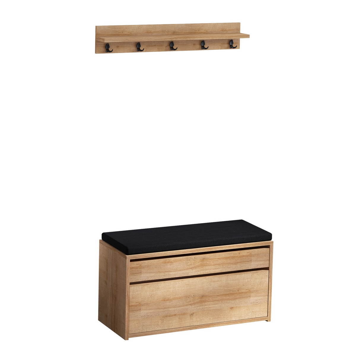 Norda Design Moderne entrémøbel med væghylde og knagerække, eg og sort, 80x42x35 cm | 100% melamin, skandinavisk design