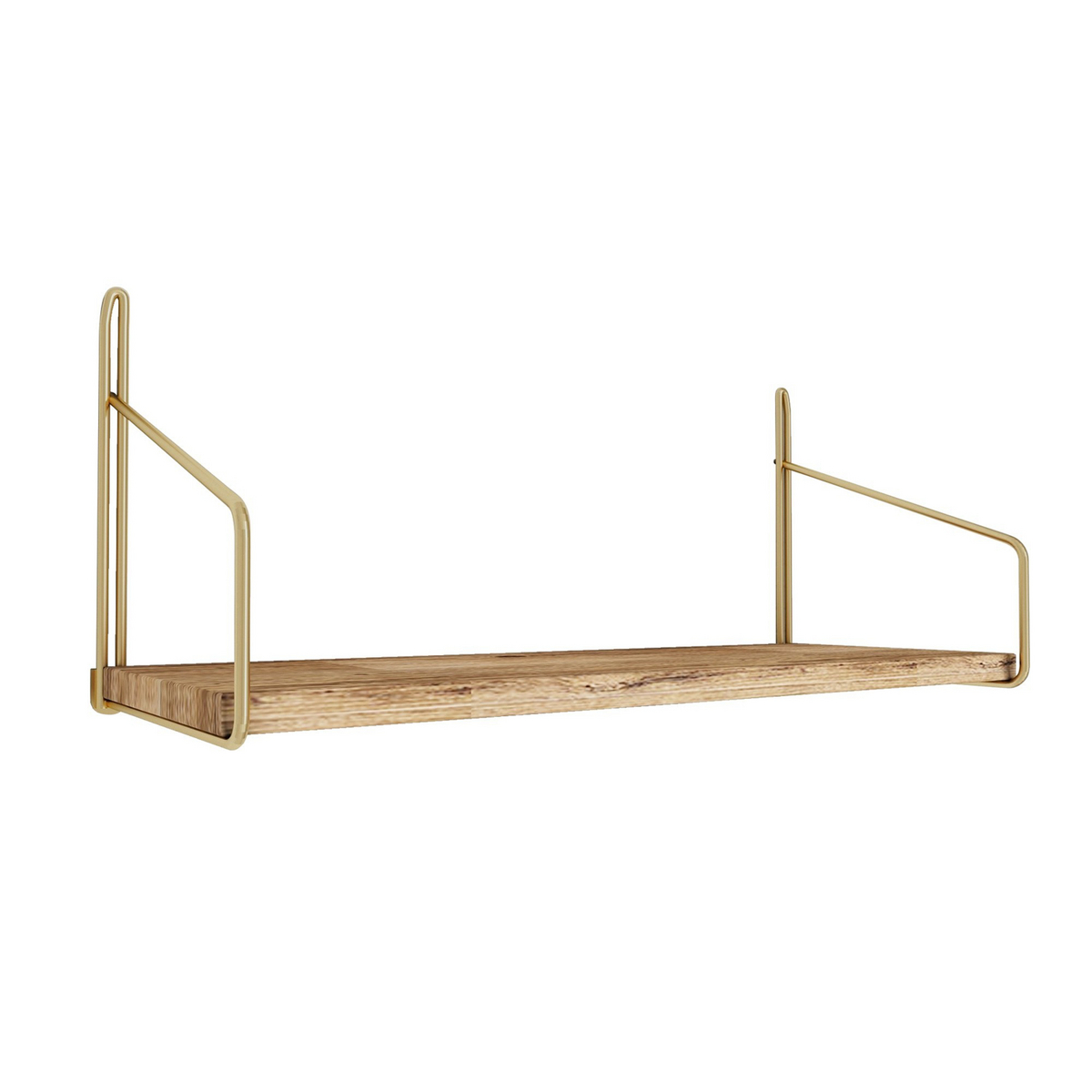 Norda Design massivt træ væghylde med metalbeslag, 45 x 16 x 16 cm, guld og brun | 3 kg kapacitet, moderne industrielt design
