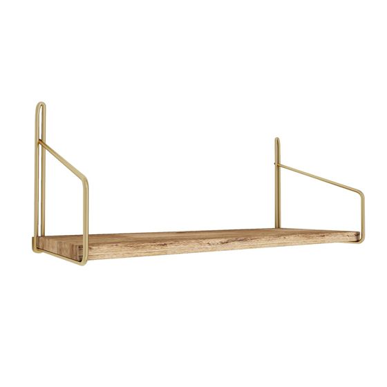 Norda Design massivt træ væghylde med metalbeslag, 45 x 16 x 16 cm, guld og brun | 3 kg kapacitet, moderne industrielt design
