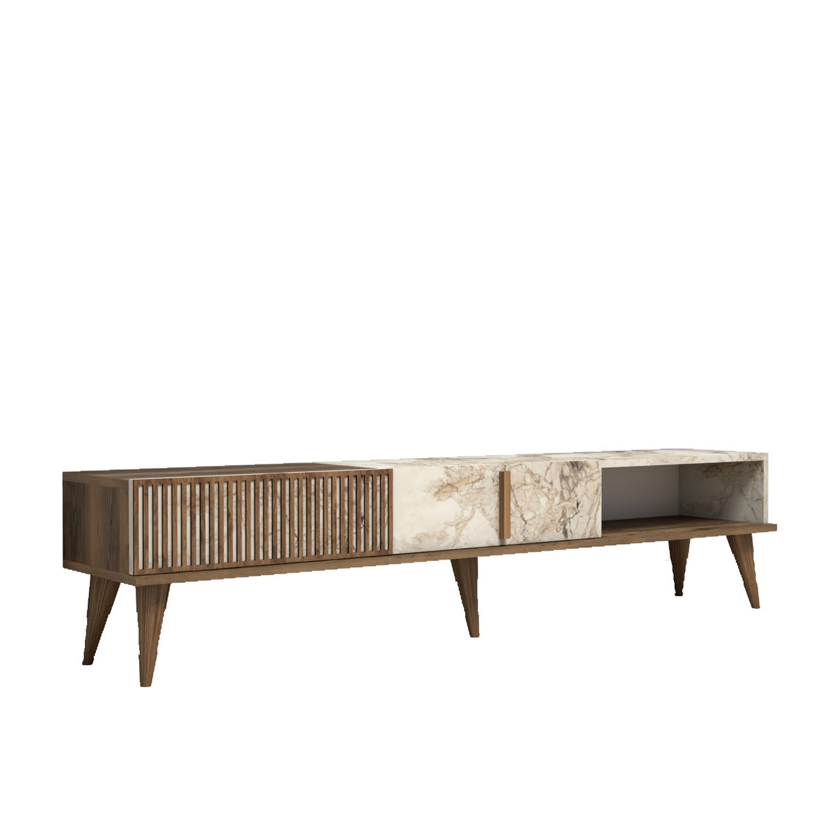 Norda Design Moderne TV-bord med marmor design, valnød og hvid, 180 cm | 100% melaminbelagt, 30 kg kapacitet