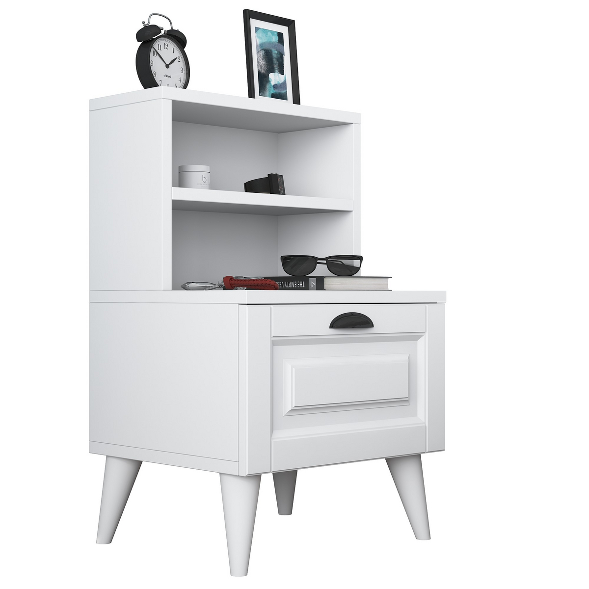 Norda Design Moderne hvid natbord med flere hylder, 100% melaminbelagt, 45x74.4x40 cm | stilfuld opbevaringsløsning