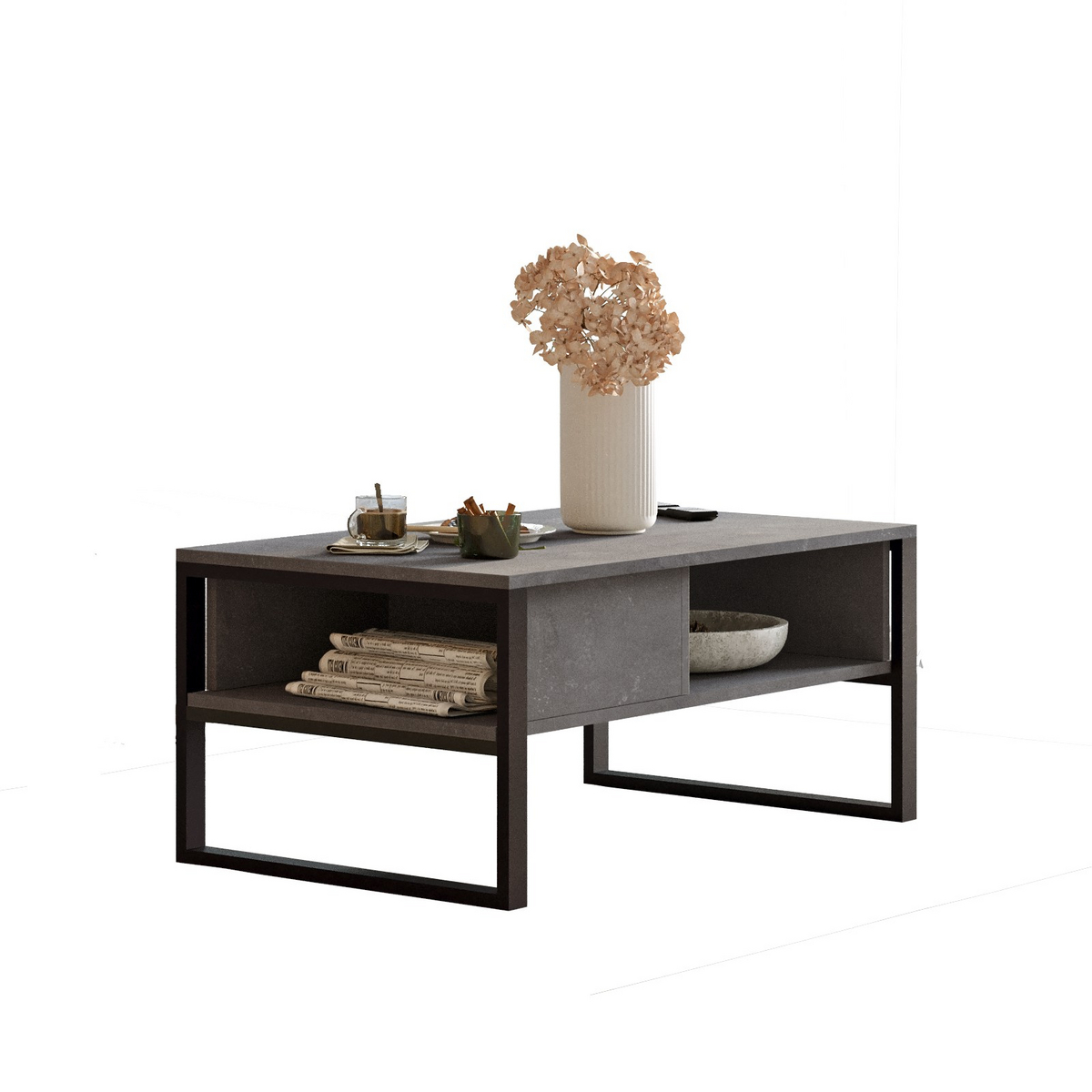 Norda Design Moderne sofabord med metalramme, sølv, 100 cm | 100% melaminbelagt, 18 mm tyk | stilfuldt og funktionelt med flere hylder