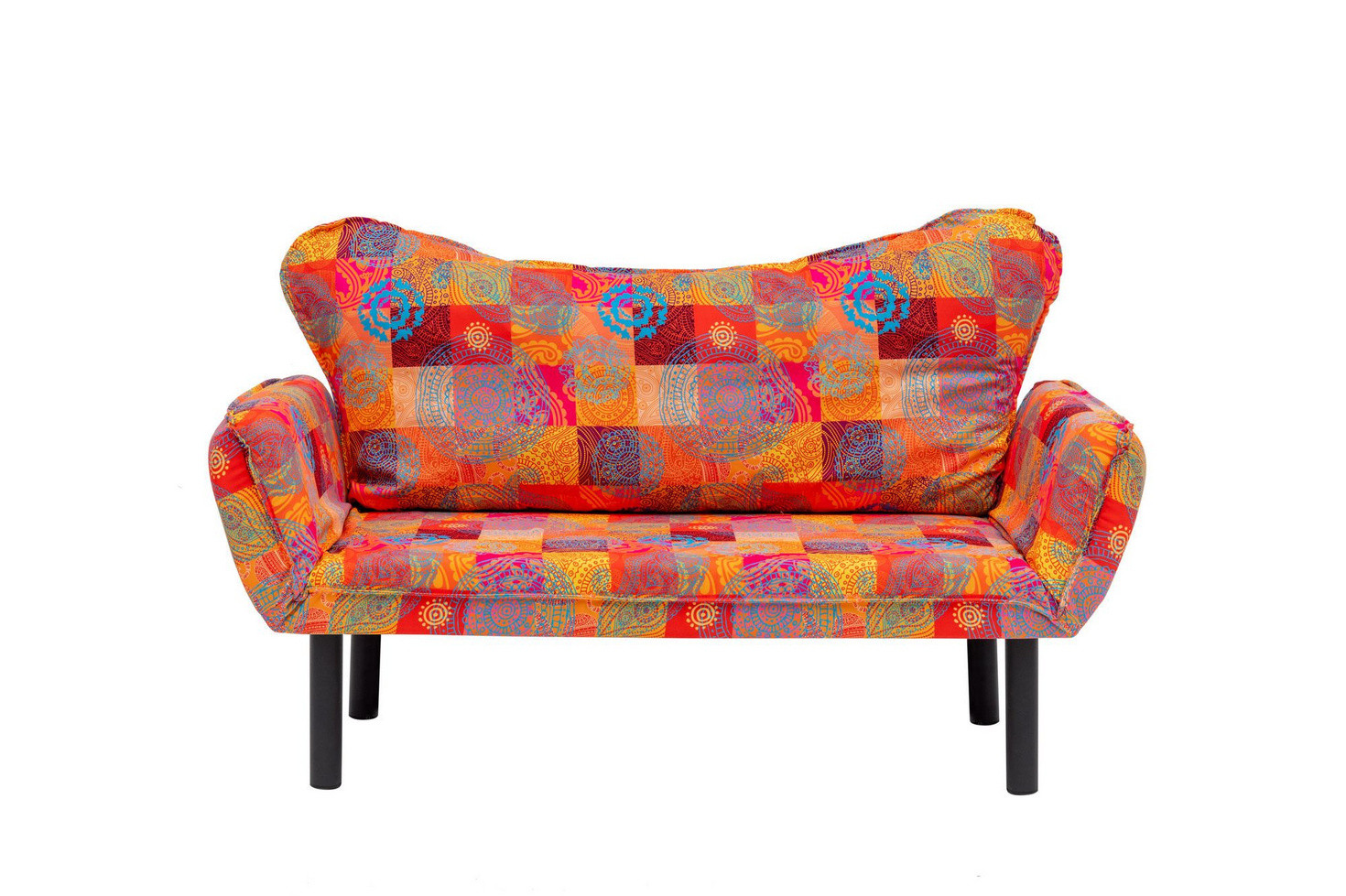 Norda Design Stilfuld 2-personers sovesofa, metalramme, patchworkstof, 150 cm | justerbart armlæn, 200 kg kapacitet, boheme design