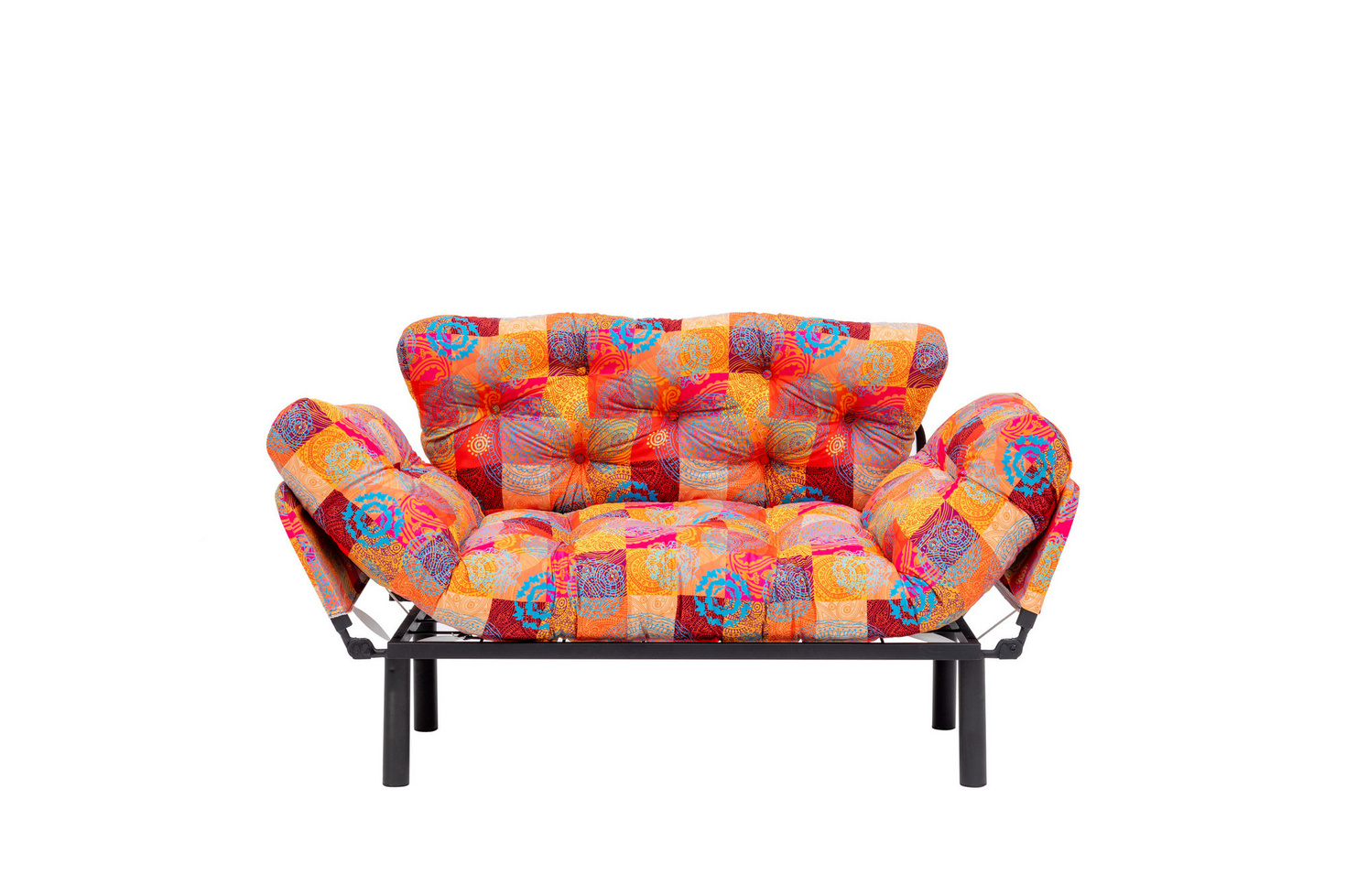 Norda Design Stilfuld 2-personers sovesofa, metalramme, patchworkstof, 155 cm | justerbart armlæn, 200 kg kapacitet, boheme design