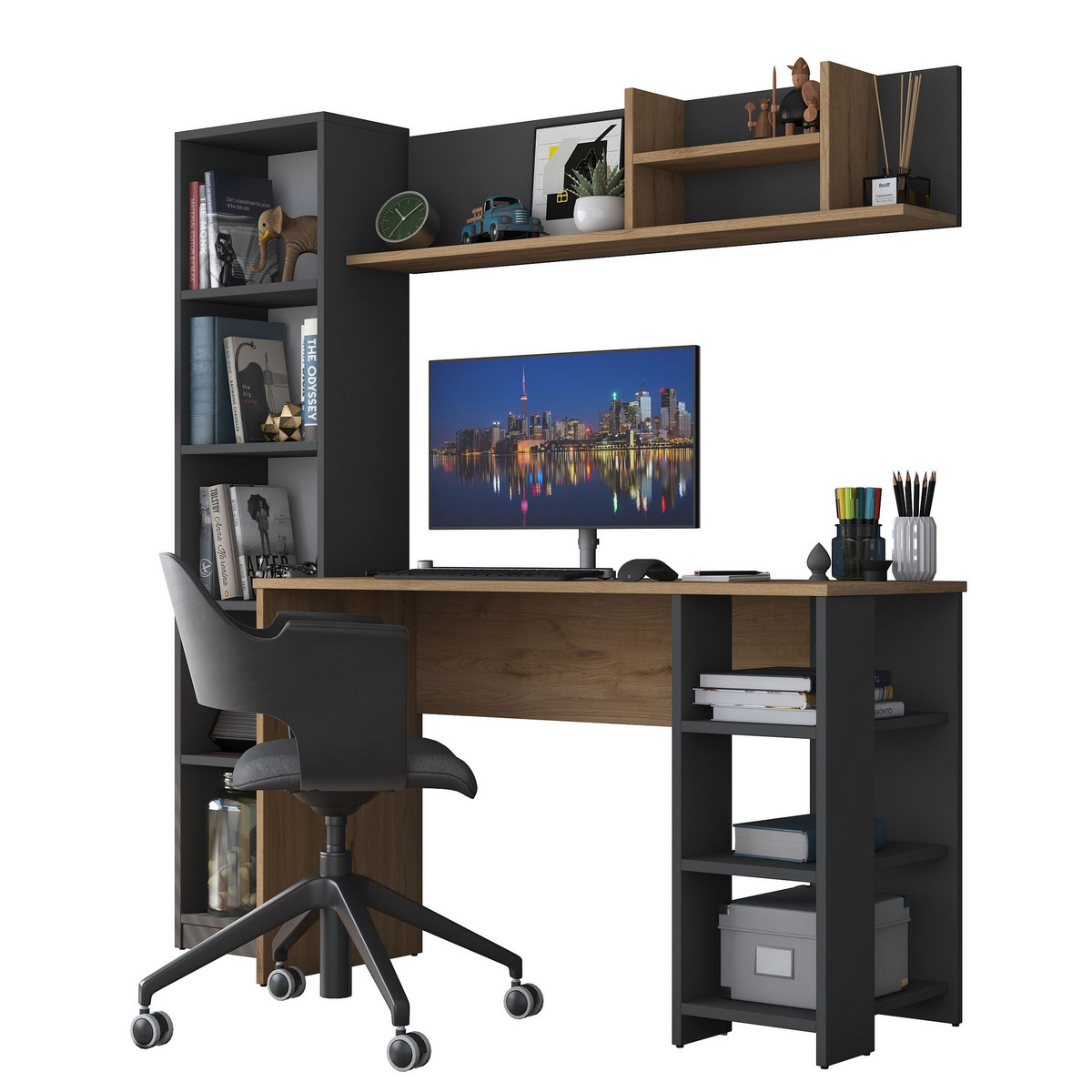 Norda Design Moderne skrivebord og reolsæt, valnød og antracit, 100% melamin, 160x161.8x45 cm | stilfuldt og funktionelt