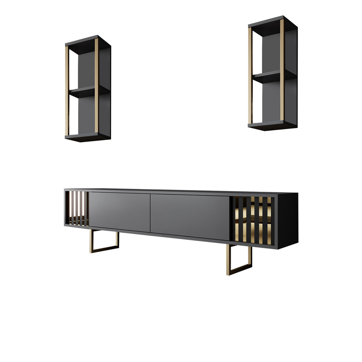 Norda Design Moderne TV-møbel med væghylder, antracit og sort, 100% melaminbelagt, metalben, 180 cm bred