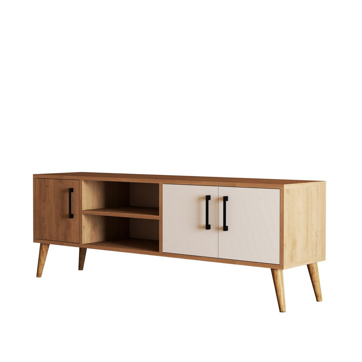 Norda Design Moderne TV-bord med træben, eg og hvid, 150 cm | 100% melaminbelagt, vægmonterbar, stilfuld design