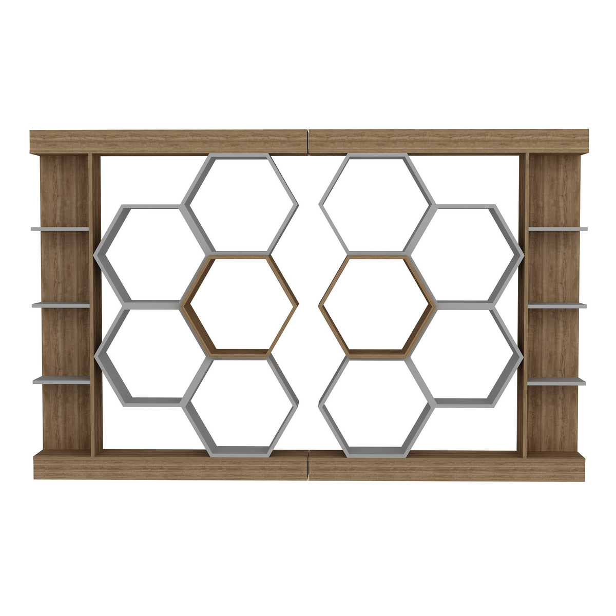 Norda Design Moderne geometrisk reol, hvid og valnød, 140 x 29.6 x 177.4 cm | 100% melaminbelagt, 18 mm tyk | stilfuld opbevaringsløsning
