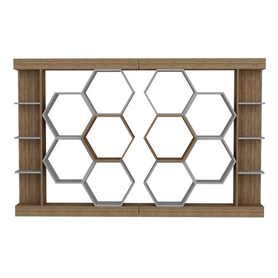 Norda Design Moderne geometrisk reol, hvid og valnød, 140 x 29.6 x 177.4 cm | 100% melaminbelagt, 18 mm tyk | stilfuld opbevaringsløsning