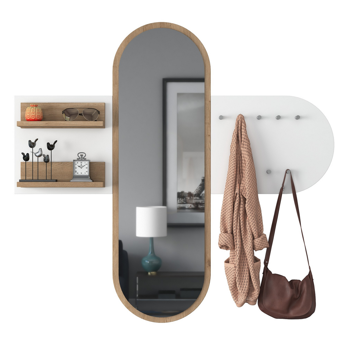 Norda Design Moderne entrémøbel, hvid og valnød, 125 cm x 120 cm x 12 cm | 100% melaminbelagt E1 spånplade