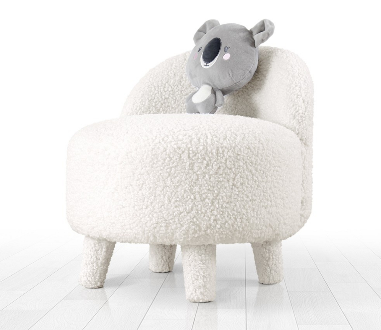 Norda Design Moderne hvid puf med 100% kunstpels, træben, 6cm ortopædisk skum, 46cm diameter, 51cm højde