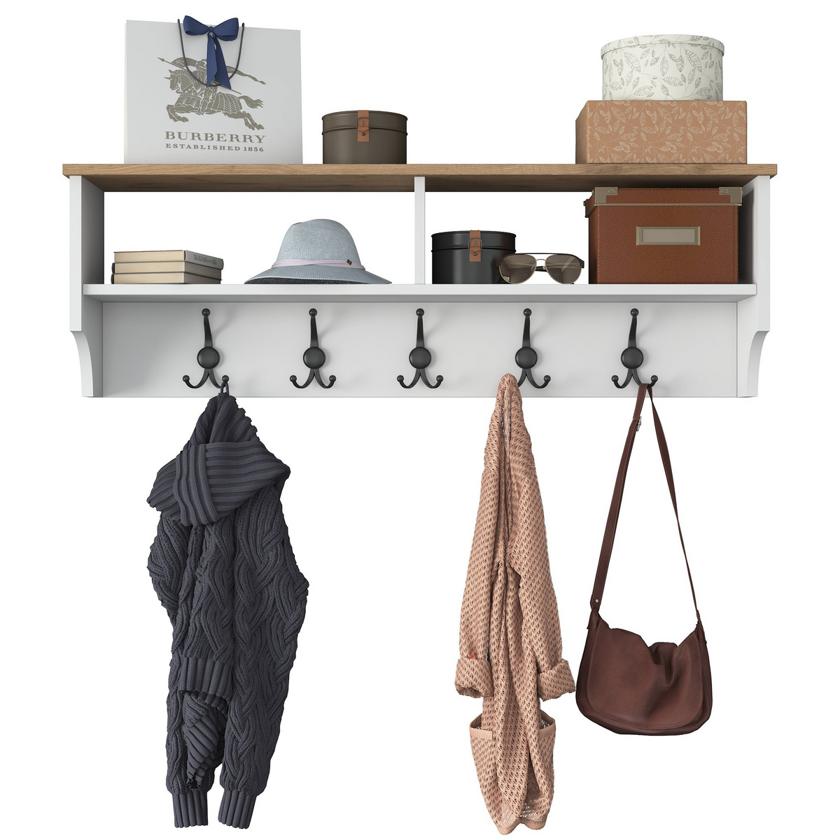 Norda Design Elegant entrémøbel med metal kroge, hvid og valnød, 120 cm | 100% melaminbelagt, vægmonterbar, 18 mm