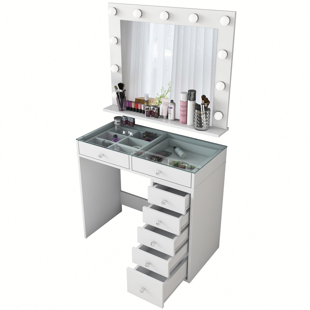 Norda Design Moderne hvid sminkebord med spejl, 100% melaminbelagt E1 spånplade, 11 pærer medfølger | 90x79.8x44.5 cm