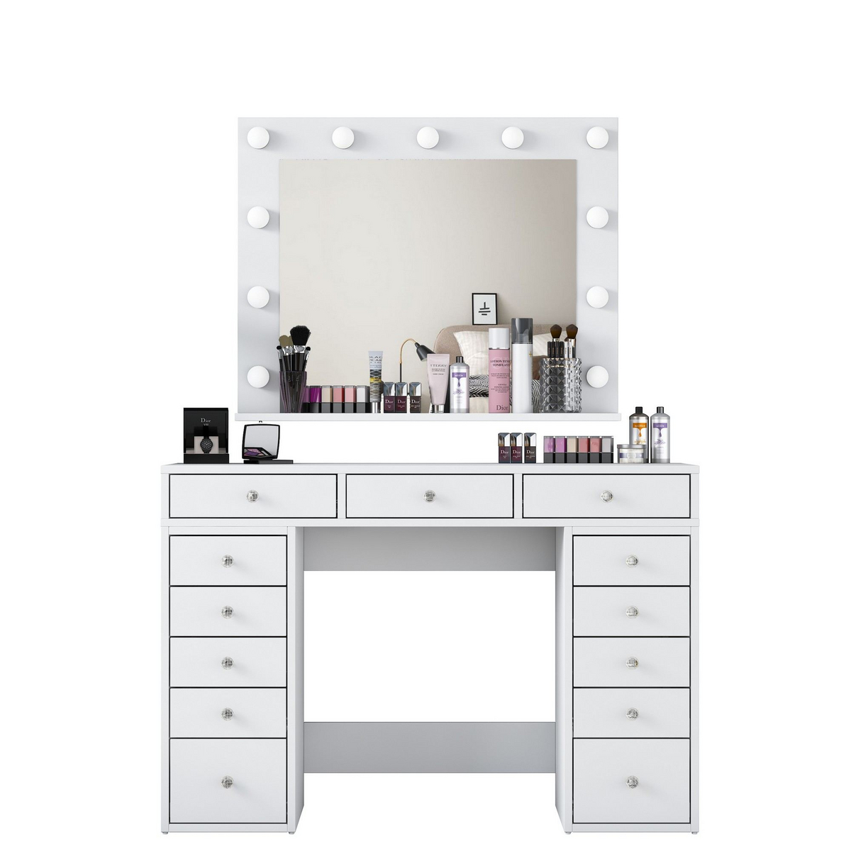 Norda Design Moderne hvid sminkebord med spejl og 11 pærer, 120 cm | 100% melaminbelagt E1 spånplade, 18 mm