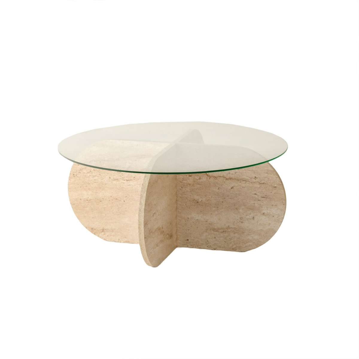 Norda Design Moderne sofabord, 75 cm diameter, 35 cm højde, beige travertinfarve, 100% glasplade og melaminbase