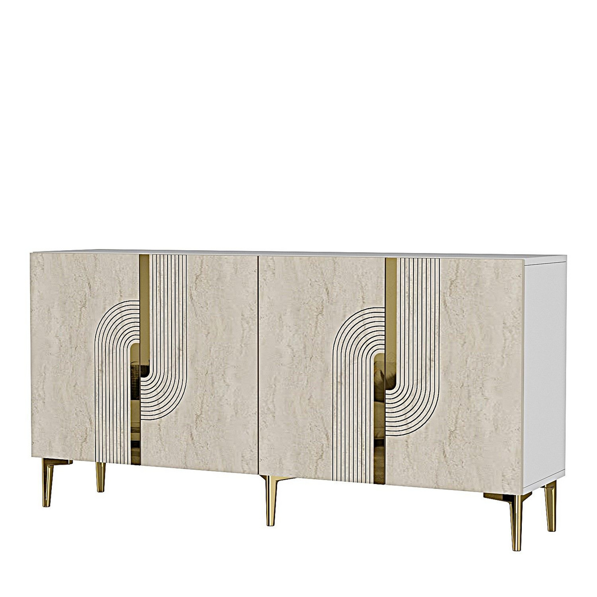 Norda Design Elegant konsolbord, hvid og travertin med gulddetaljer, 150 cm | 100% melamin, vægmonterbar, moderne design
