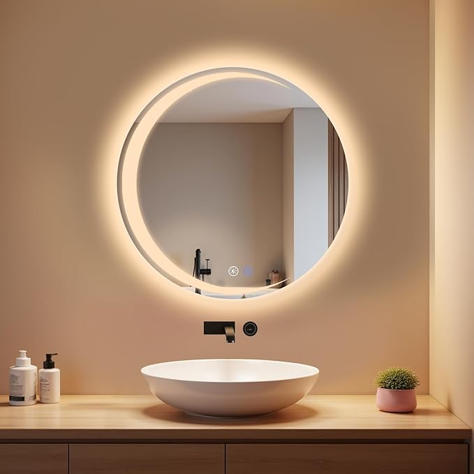 NETTLIFE Badeværelsesspejl med belysning, rundt LED - badeværelsesspejl IP44 70 cm rundt badeværelsesspejl med touchfunktion