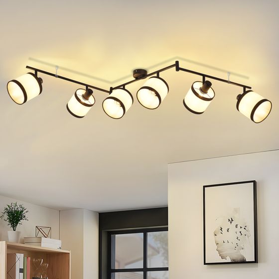 NETTLIFE loftspotlight, 6 lamper, sort retrostil, tekstilskærm, E14-fatninger, 350° drejelig. Pærer medfølger ikke.