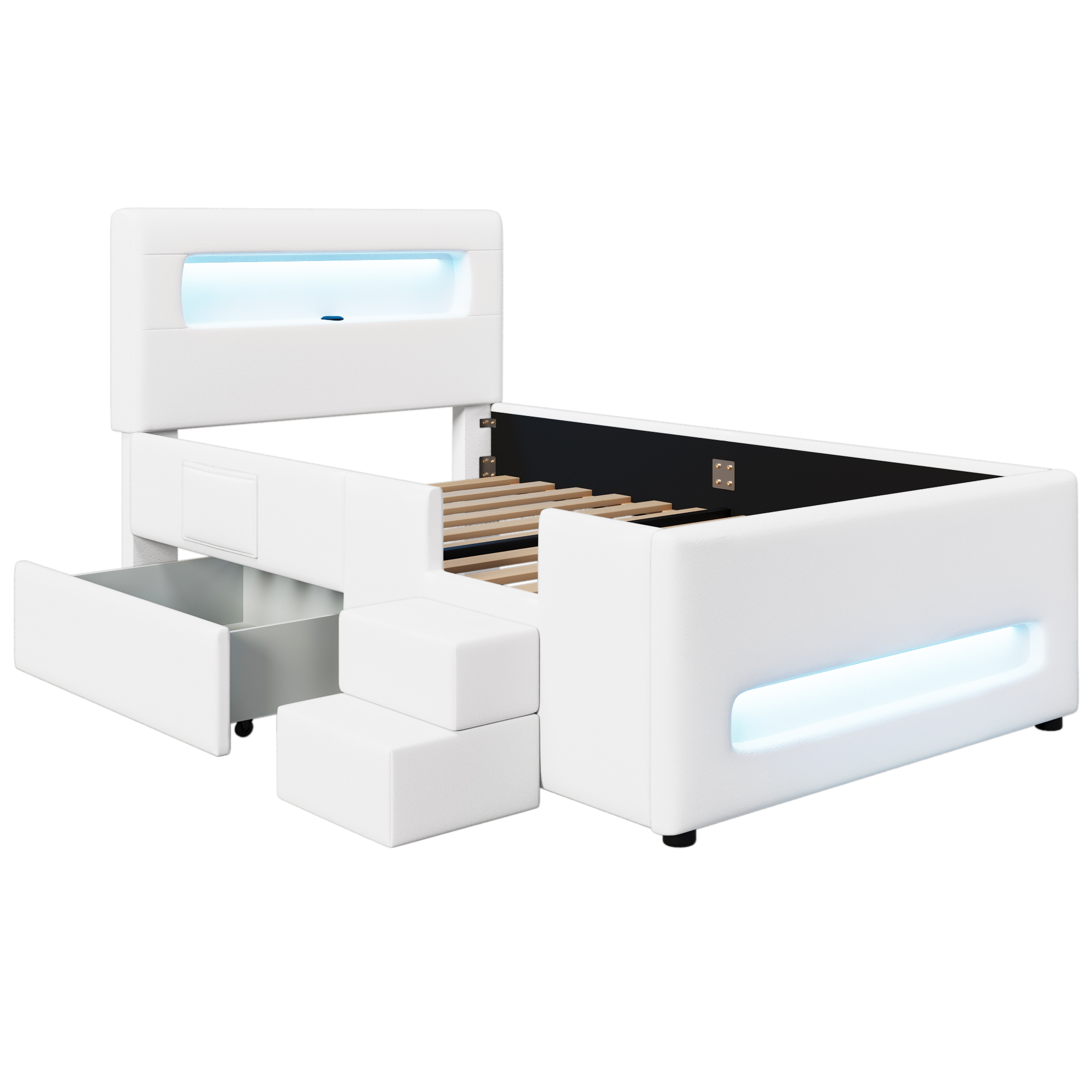 seng 90x200 cm hvid mdf med skuffer opbevaring og led-belysning