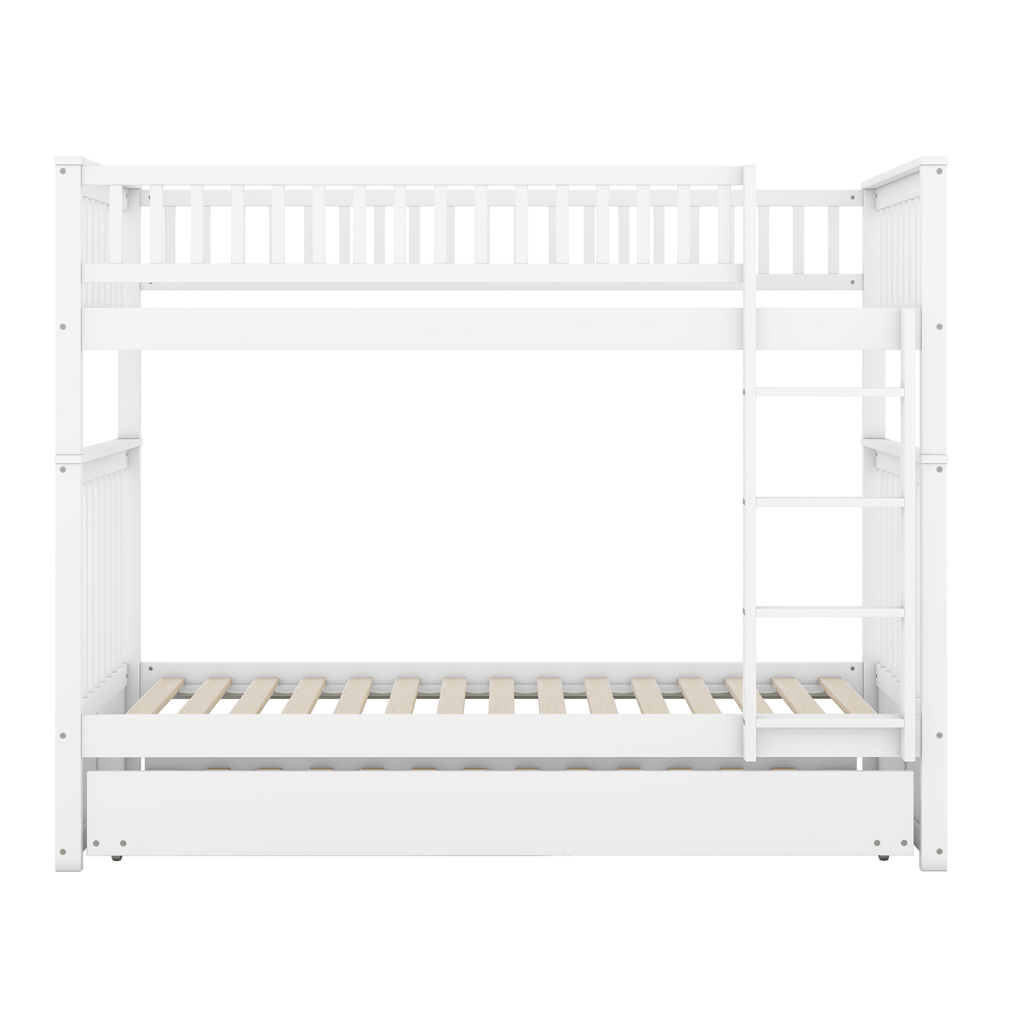 Køjeseng 90 x 200 cm, Hvid, Fyr + MDF, Udtrækkelig + Rækværk + Trappe