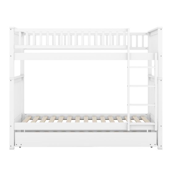 Køjeseng 90 x 200 cm, Hvid, Fyr + MDF, Udtrækkelig + Rækværk + Trappe