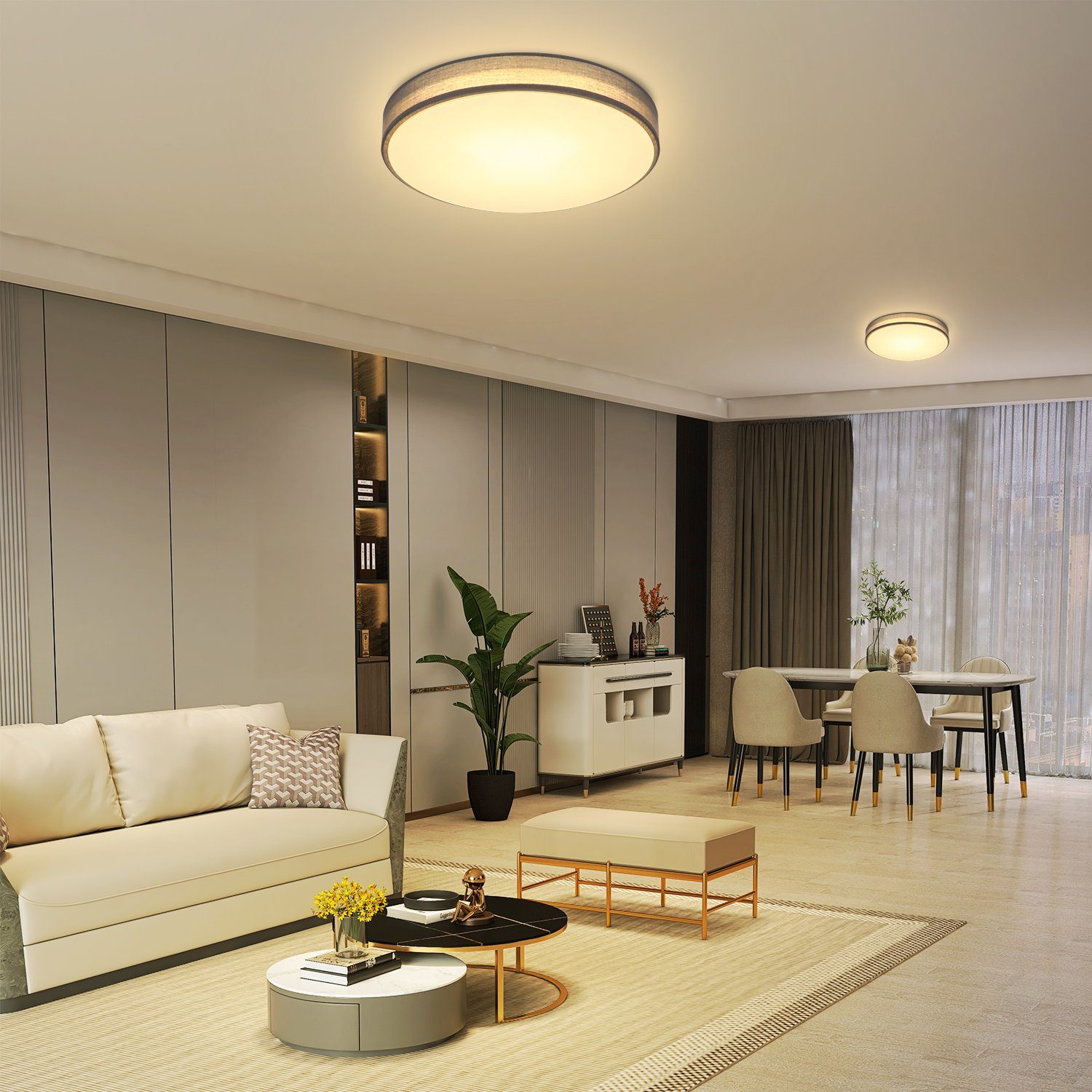 NETTLIFE LED loftlampe, grå 38W, rund moderne, dæmpbarMed fjernbetjening, soveværelseslampeMed stofskærm