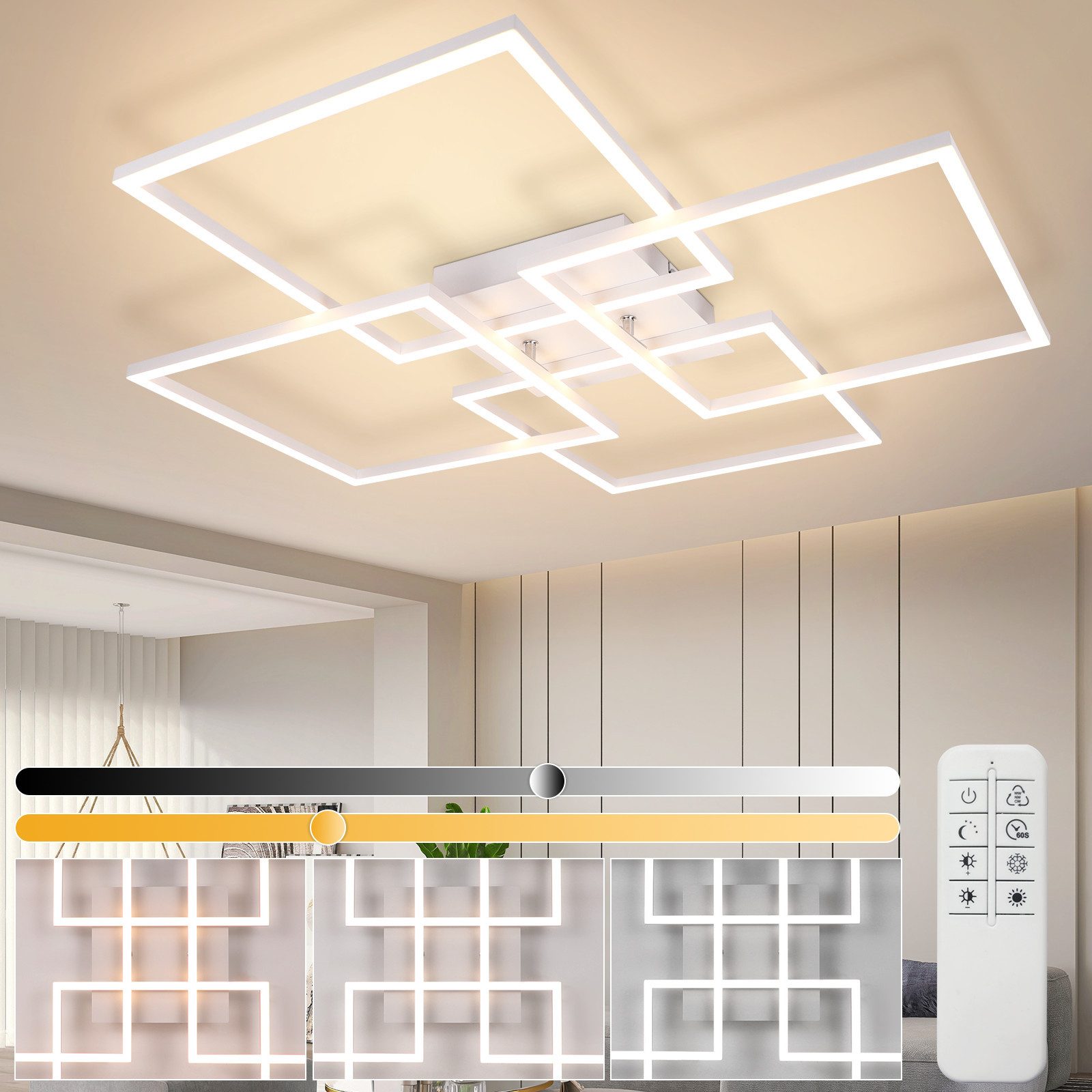 NETTLIFE LED - loftlampe til stue, køkken, hvid, dæmpbar, med fjernbetjening, moderne, 3000K - 6500K, 48W