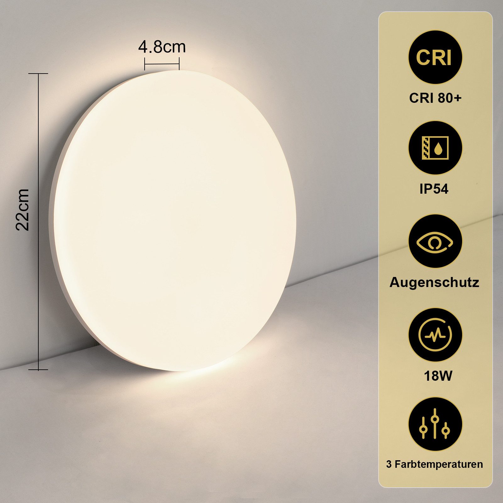 NETTLIFE LED loftlampe, 18W 22CM, rund IP54 flad dæmpbar, soveværelse Badeværelseslampe med fjernbetjening Køkken Entre
