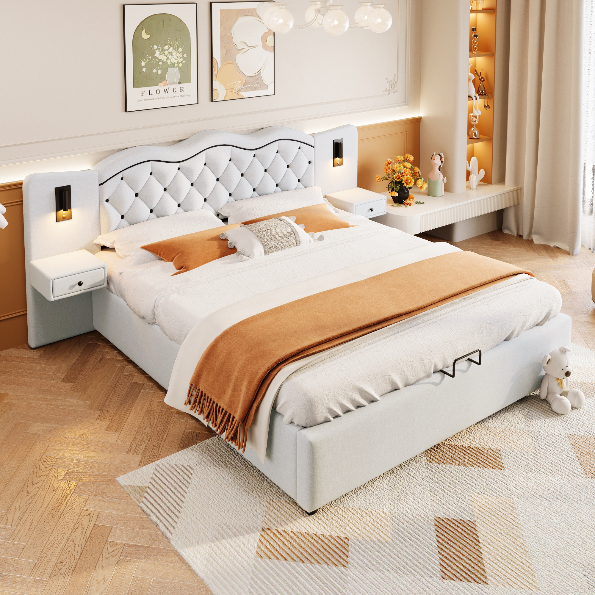 seng 180x200 cm beige i leinenimitat og mdf med hydraulisk opbevaring og usb-stik
