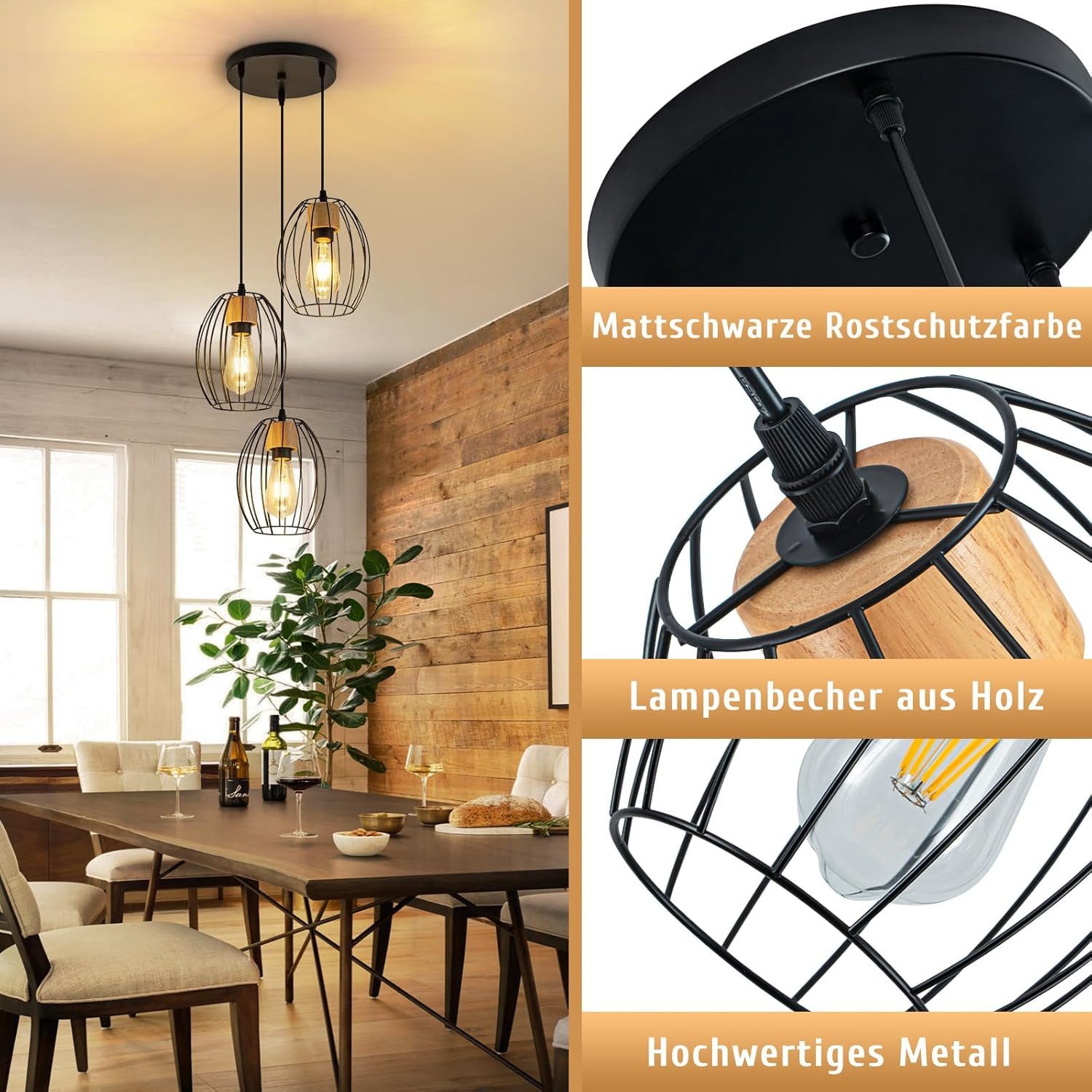NETTLIFE Vintage sort pendellampe med 3 lyskilder, industriel chic, metal og træ, E27
