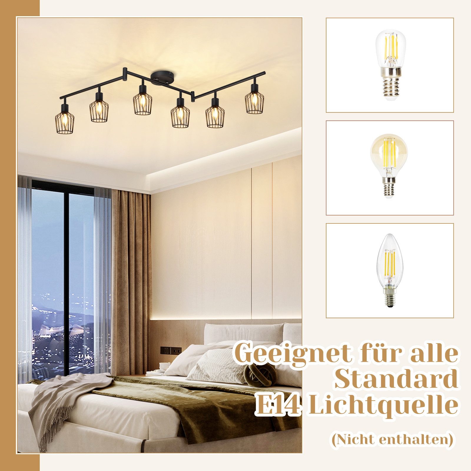 NETTLIFE Loftlampe E14 6 flammer sort loftspotlight til industriel brug LED-spotlight 350° drejelig dæmpbar