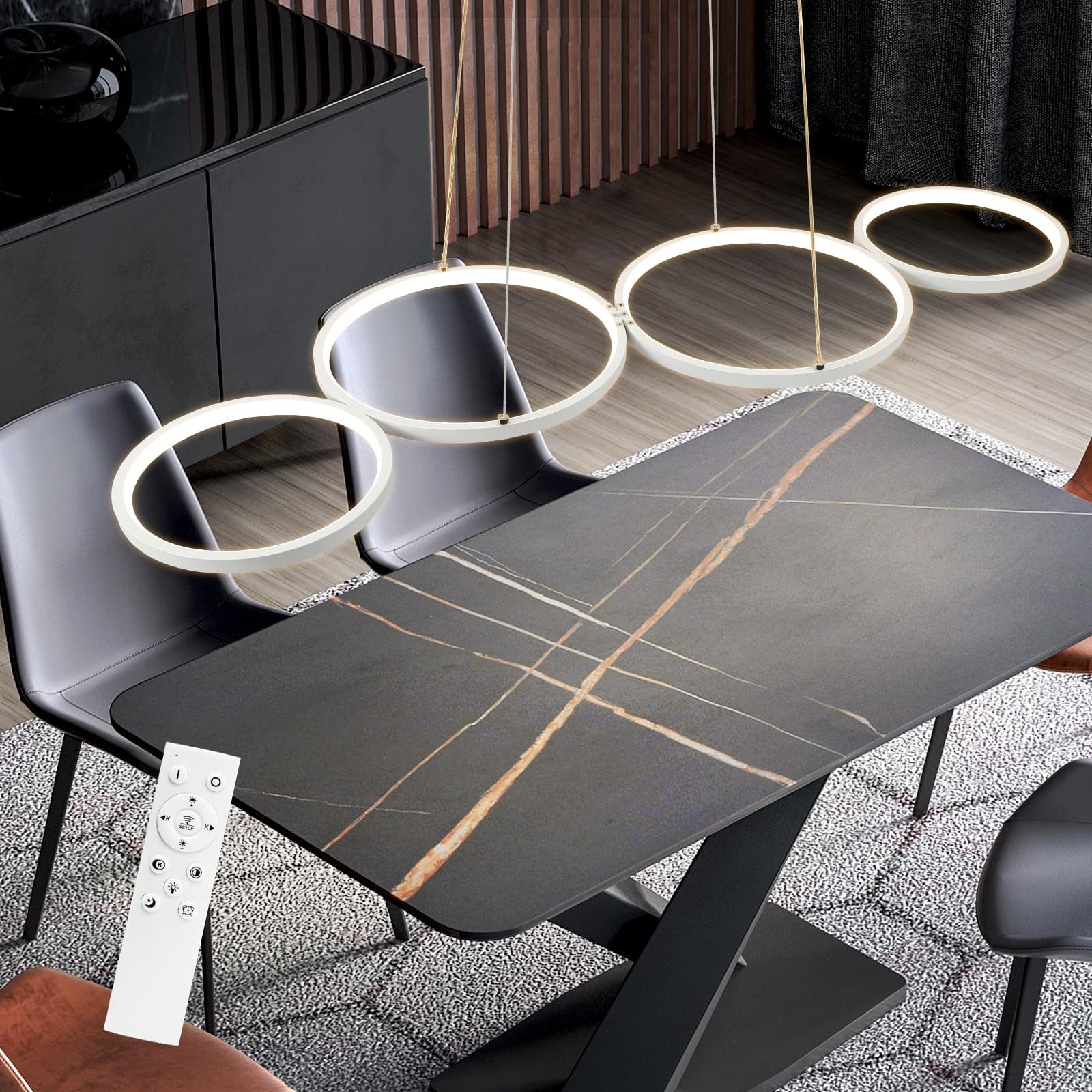 NETTLIFE moderne hvid LED pendellampe, diameter 88 cm, spisestuelampe, 4 ringe, metaldesign, dæmpbar, fjernbetjening