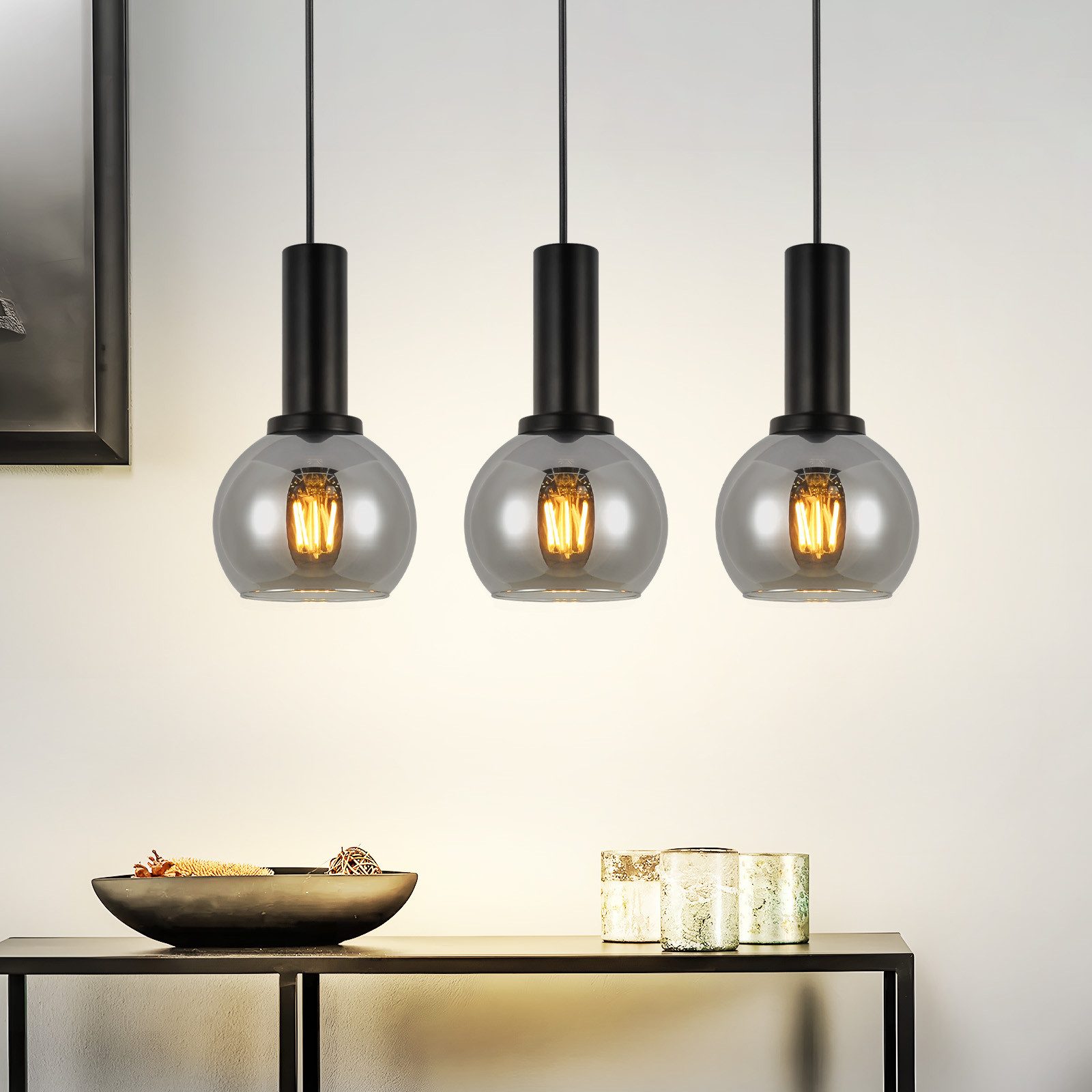 NETTLIFE Vintage pendellampe, 3 flammer, glaspendellampe, E27, industriel spisestuelampe, højdejusterbar