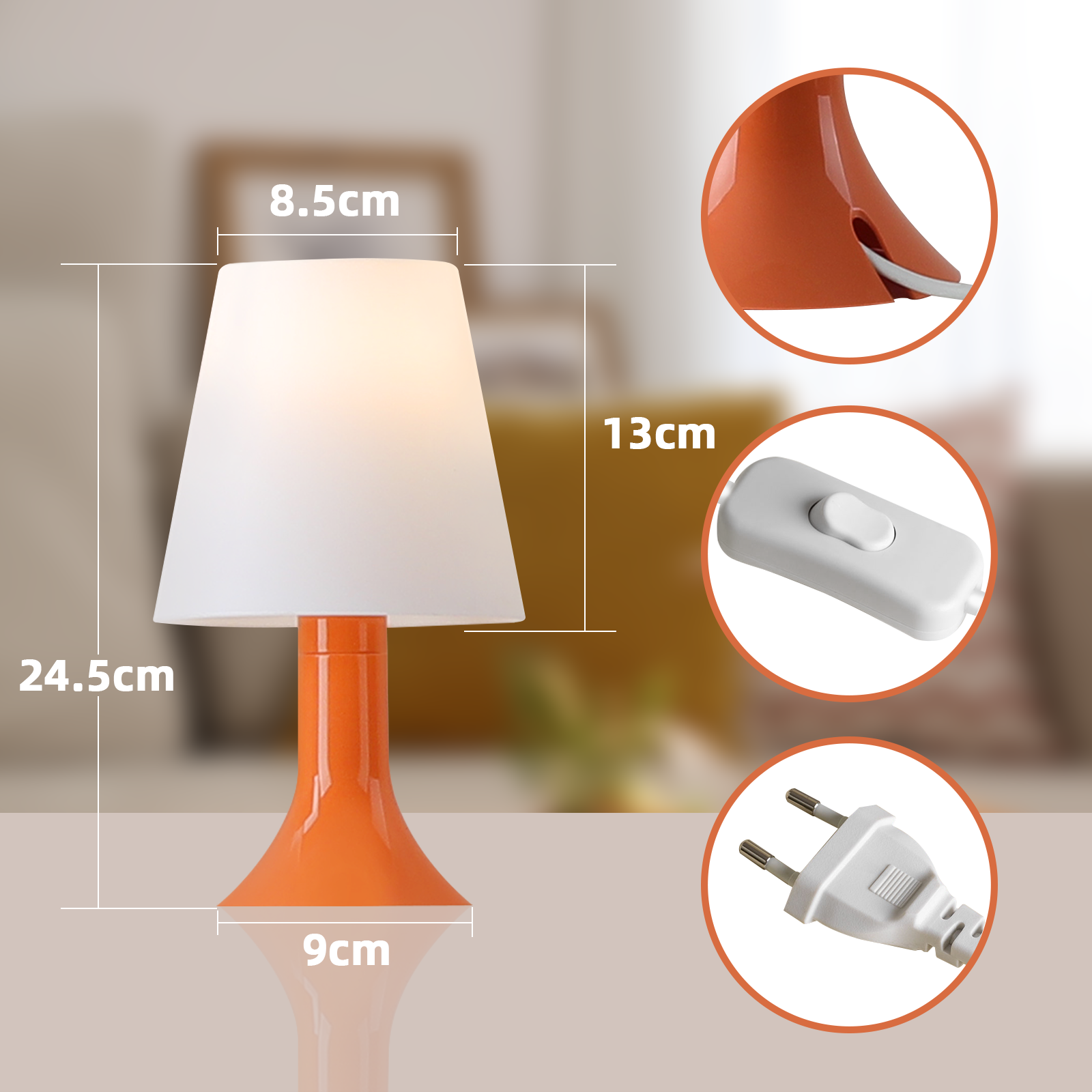 NETTLIFE Natbordslampe, stue, bordlampe, med ledning - bordlampesæt, 2 små, pærer, E14 moderne, orange