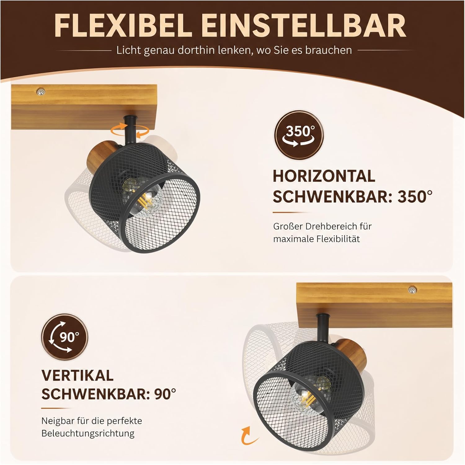 NETTLIFE industriel loftlampe med 3 E14 pærer, træfinish, retro sort metallampe, 350° justerbar, til køkken, stue