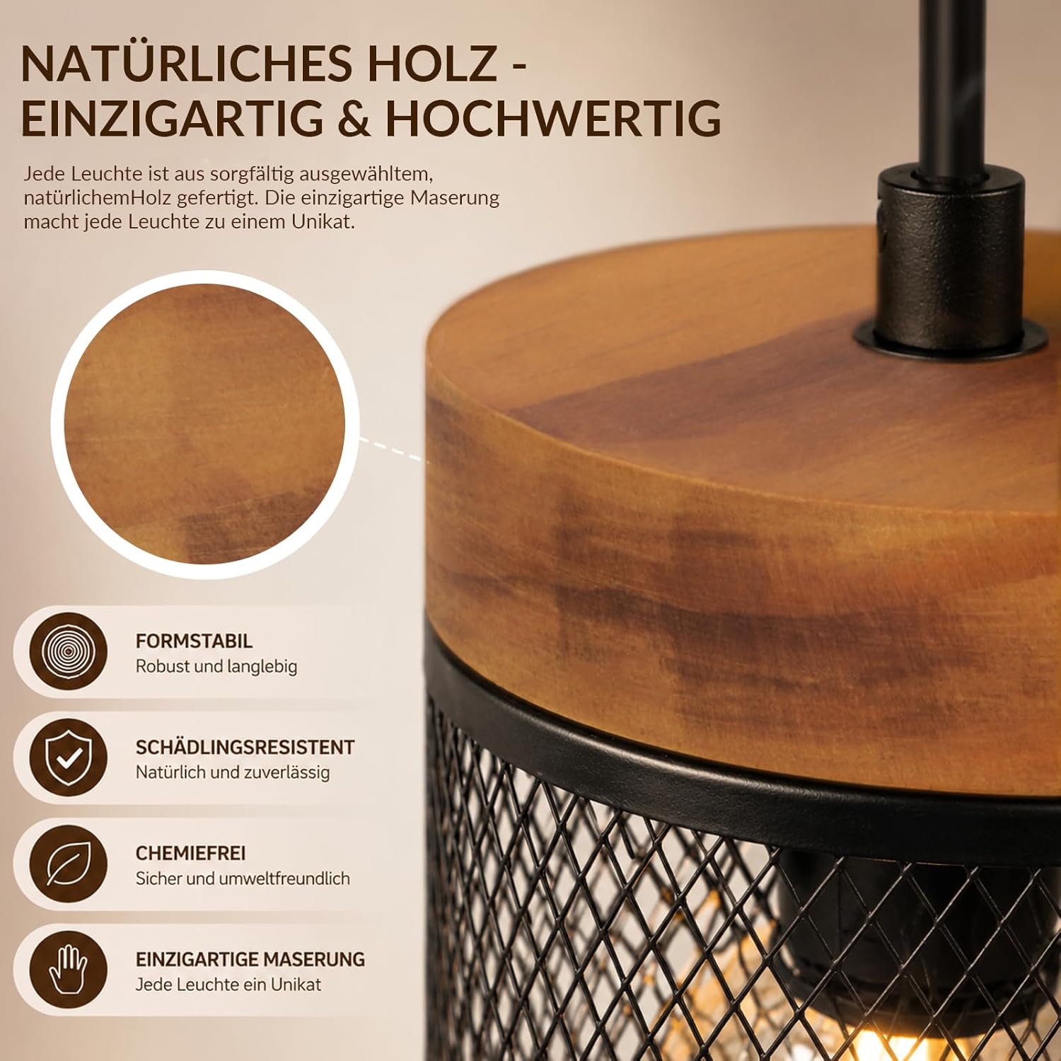 NETTLIFE E14 pendellampe til spisebord med 3 lyskilder, lysekrone i vintage-stil i træ og sort metal, retrostil (pærer medfølger ikke)