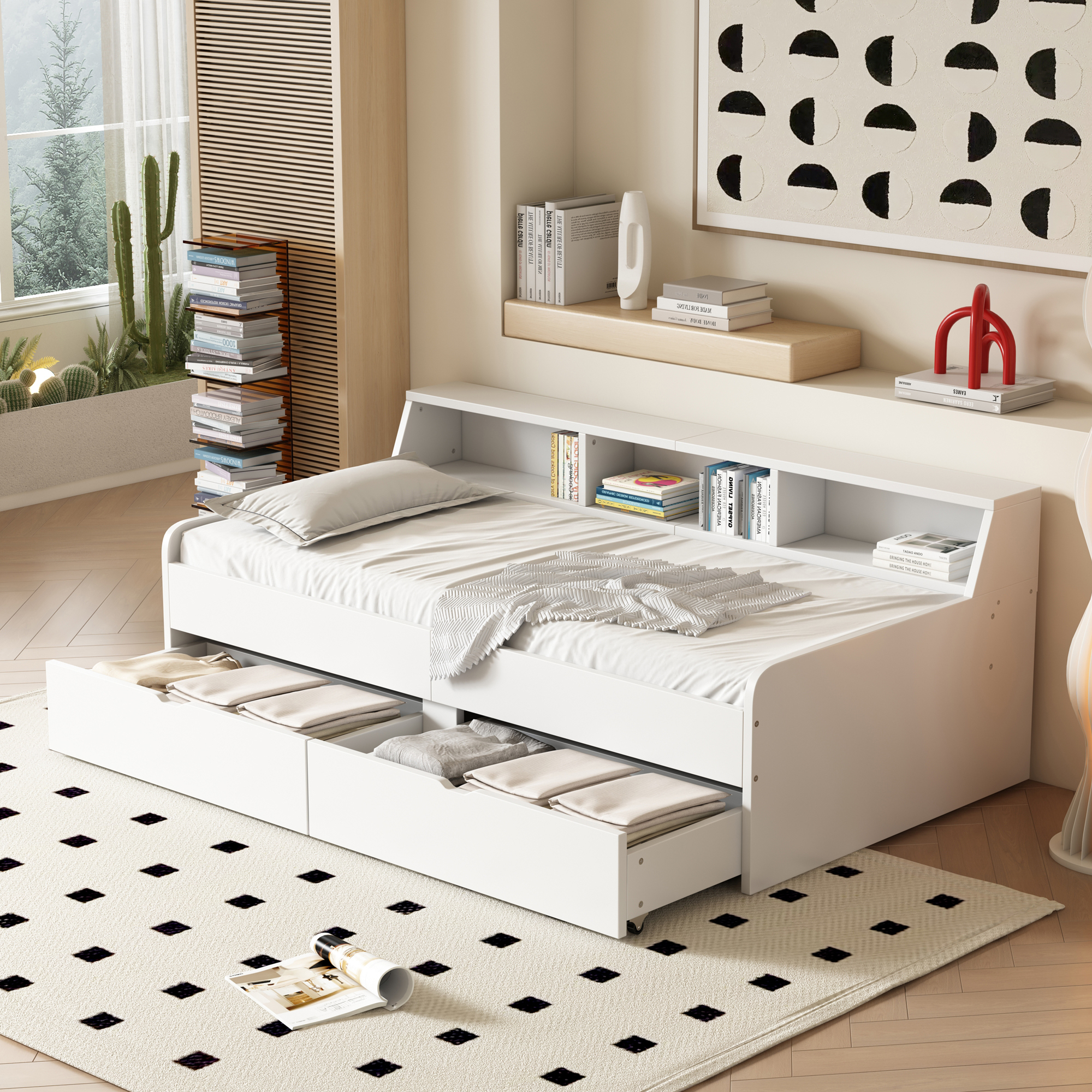 Sovesofa 90 x 200 cm, Hvid, 2 Skuffer + Opbevaringsrum