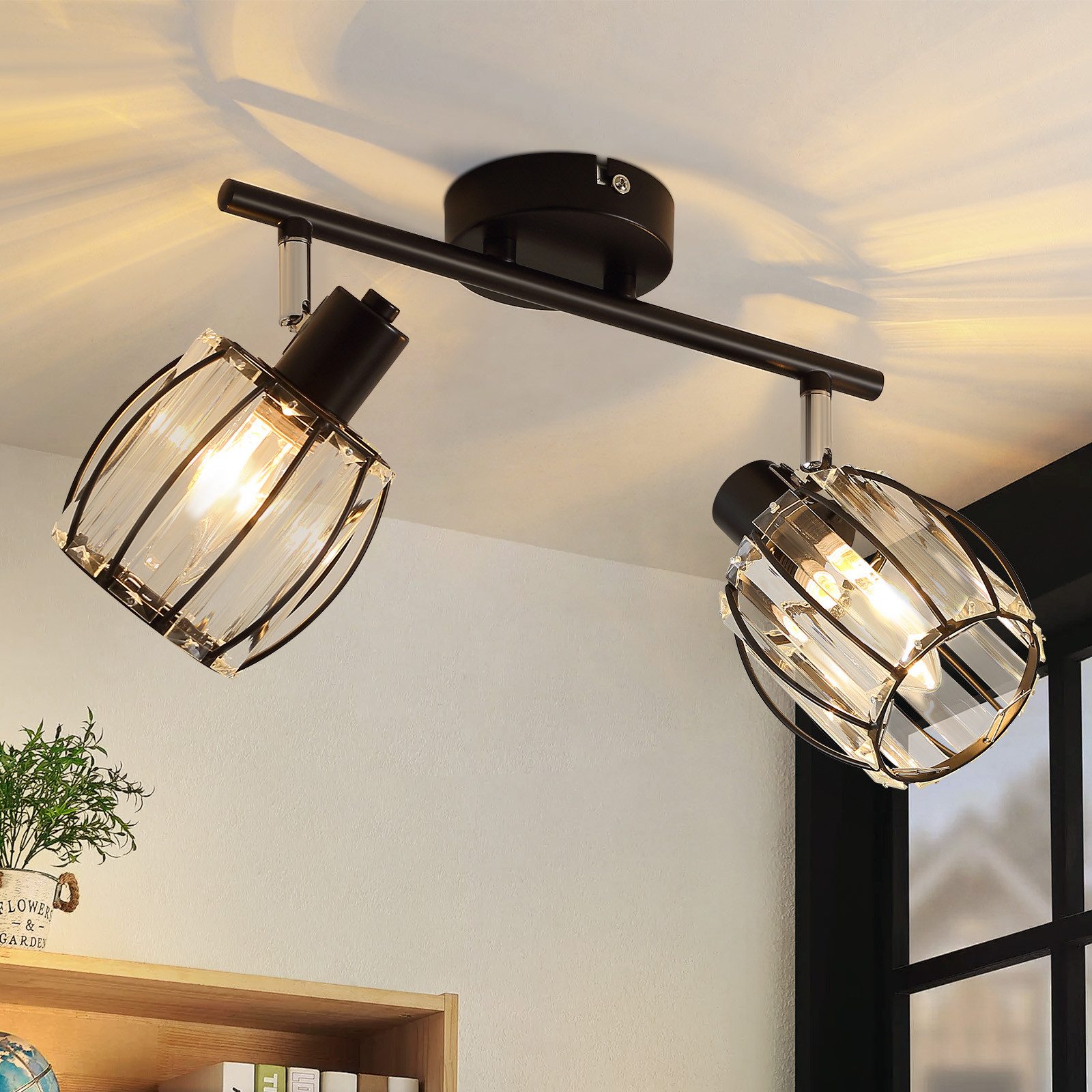 NETTLIFE 2-pærers sort krystal loftspotlight i vintage-stil, E14, til industriel entré, 350° drejelig