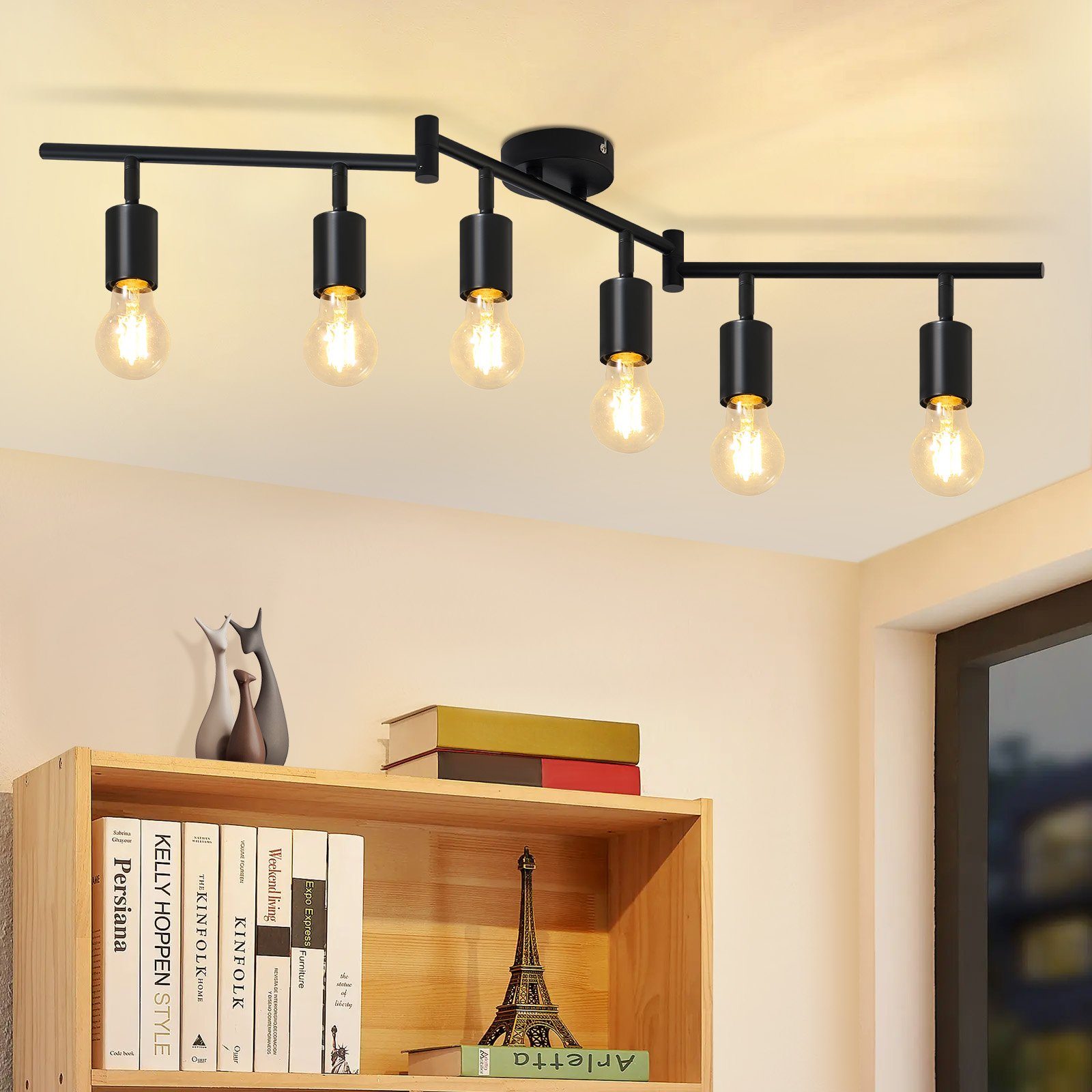 NETTLIFE Loftspotlight sort E27 vintage loftslampe med 6 flammer, justerbar 350° til industriel brug