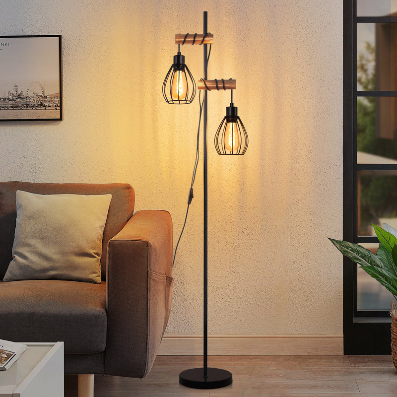 NETTLIFE gulvlampe - industriel sort metallampe med burskærm, 2×E27, 152 cm (uden pærer)