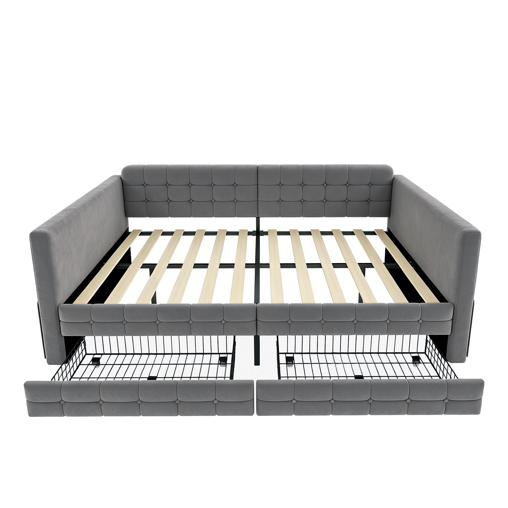 seng 140x190 cm graa polstret stof med skuffer og staufærdige sider