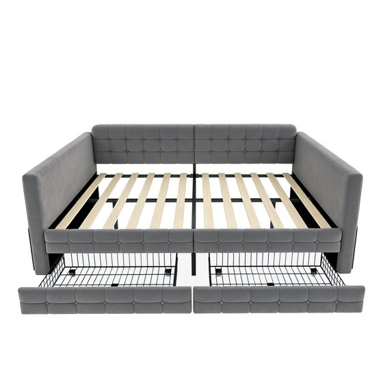seng 140x190 cm graa polstret stof med skuffer og staufærdige sider