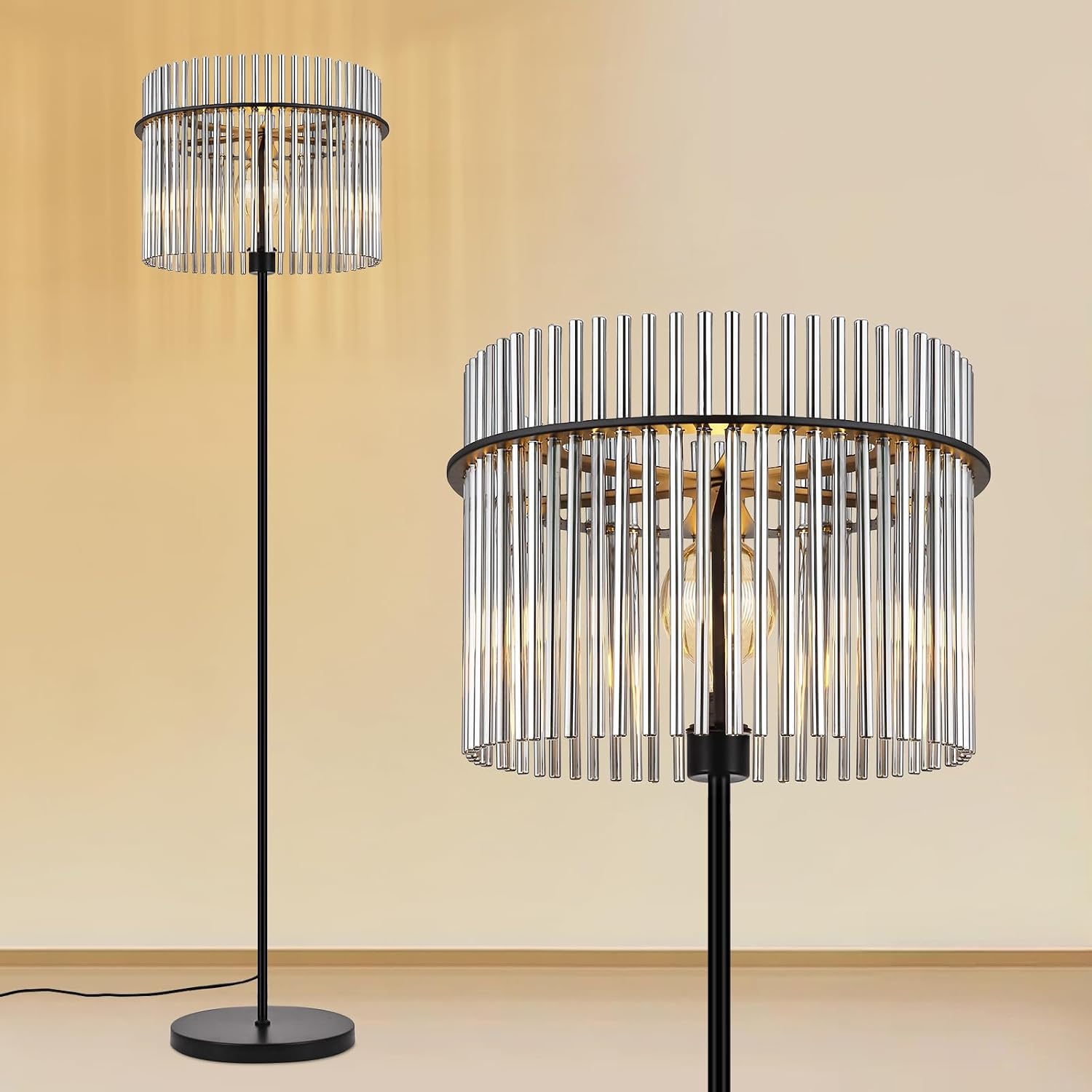 NETTLIFE Sort gulvlampe, glashus – E27-sokkel gulvlampe med fodkontakt, moderne stil (pære medfølger ikke)