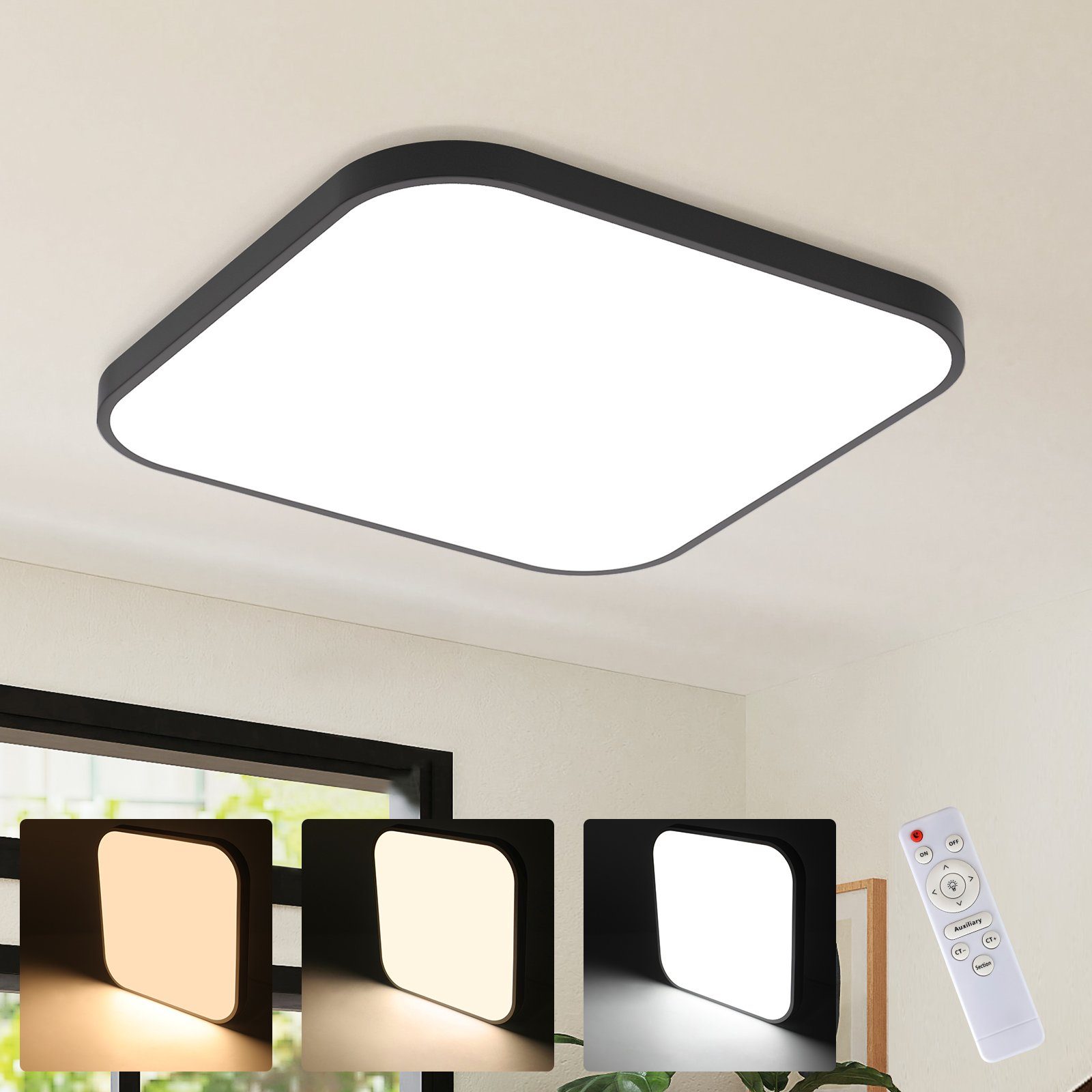 NETTLIFE LED loftlampe, IP44 sort, 27 cm, 15 W, soveværelse Køkken, dæmpbar Med fjernbetjening Badeværelse firkantet, formet til entre