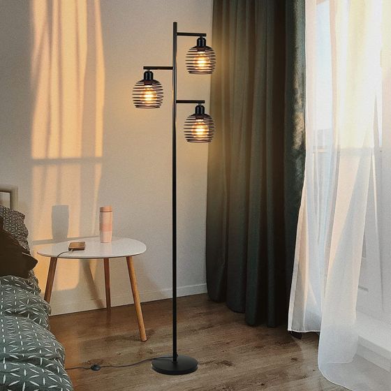 NETTLIFE Vintage gulvlampe til stue - E27 3-lyspære 25W industriel sort gulvlampe 152 cm med fodkontakt