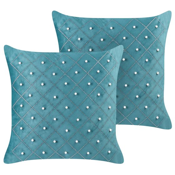 Sæt af 2 pyntepuder YARROW 45 x 45 cm Velour Blågrøn Geometrisk mønster